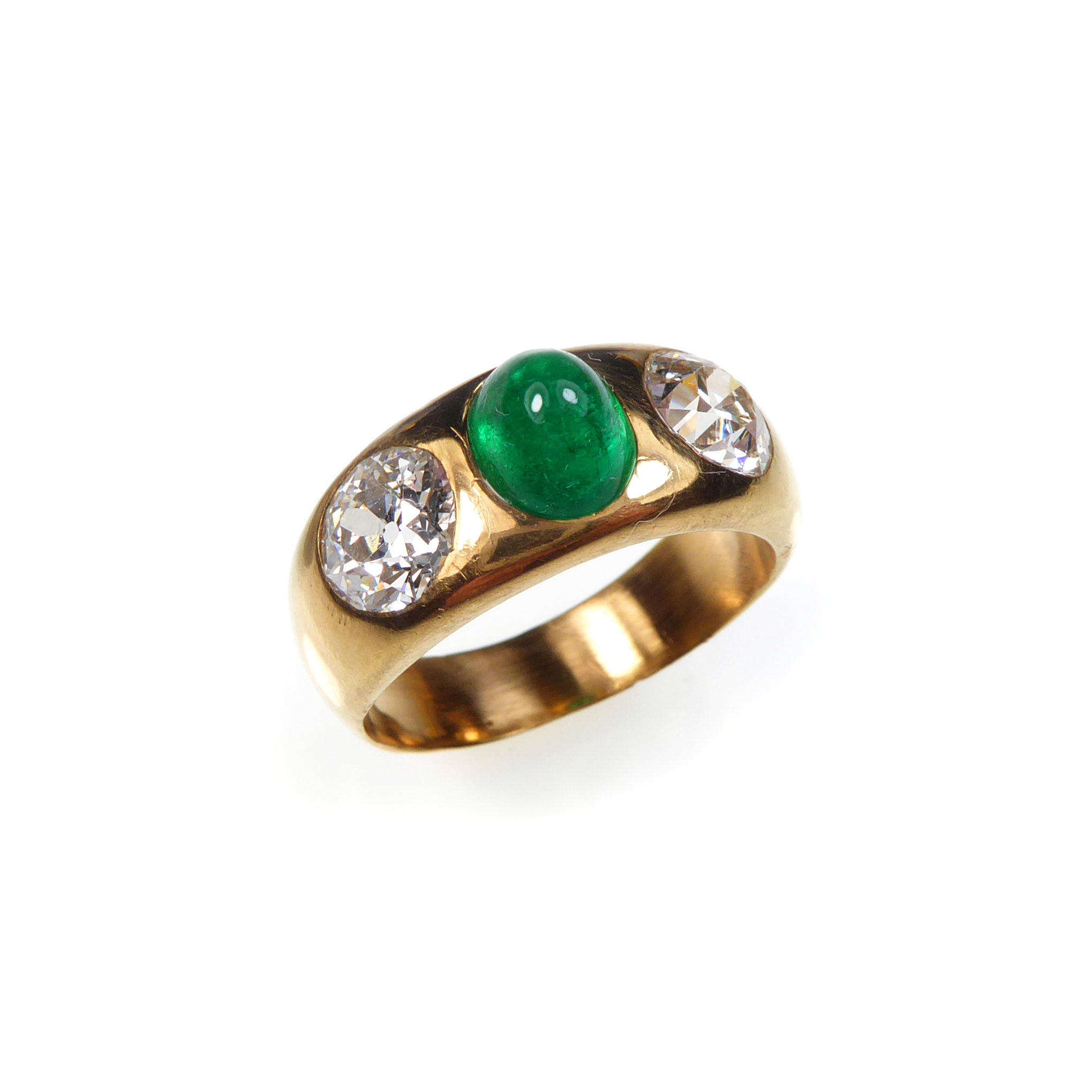 Antique cabochon emerald and diamond three stone gold ring, c.1900,